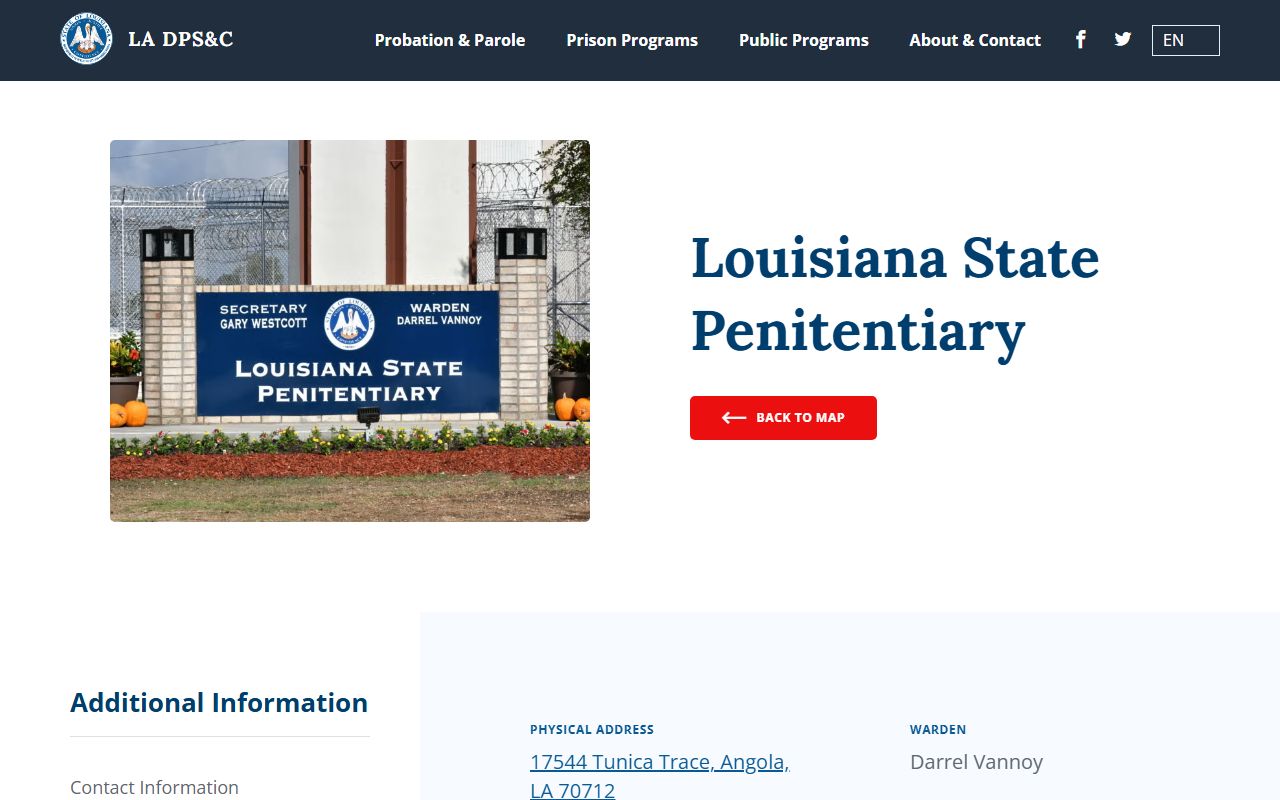 Louisiana State Penitentiary inmate lookup and visitation page for Angola