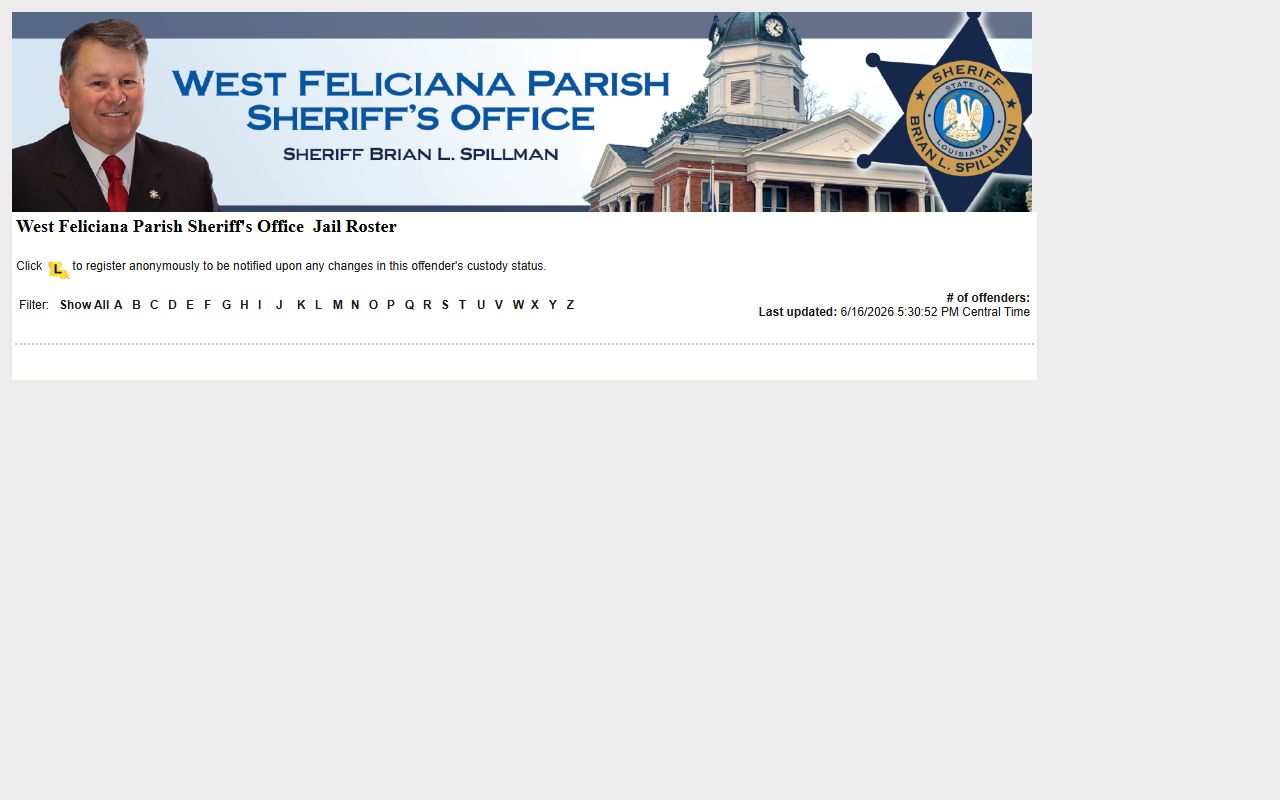 West Feliciana Parish inmate population LAVNS roster A-Z filters