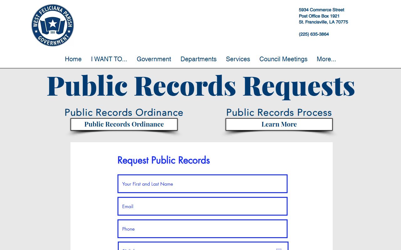 West Feliciana Parish jail mugshots public records request page