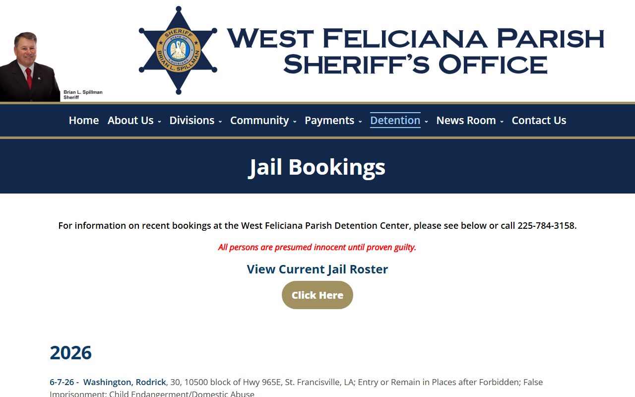 West Feliciana Parish inmate records recent bookings page with jail roster link