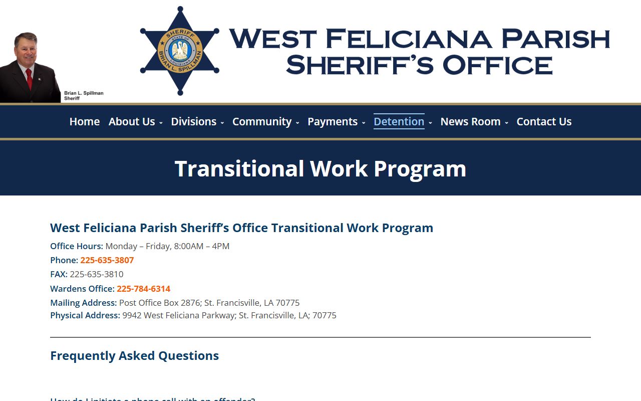West Feliciana Parish Transitional Work Program inmate custody and visitation page